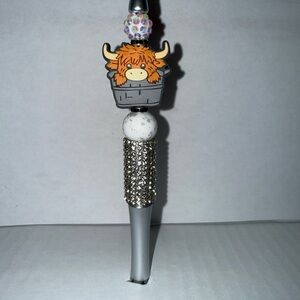 Handmade Beaded Pen-highland cow in barrel/silicone&resin beads,rhinestone base